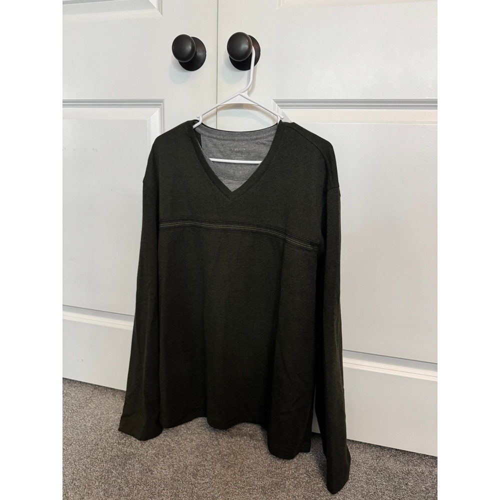 Van Heusen Mens XXL Long Sleeve V-Neck Sweater Shirt Olive Green Layered Look